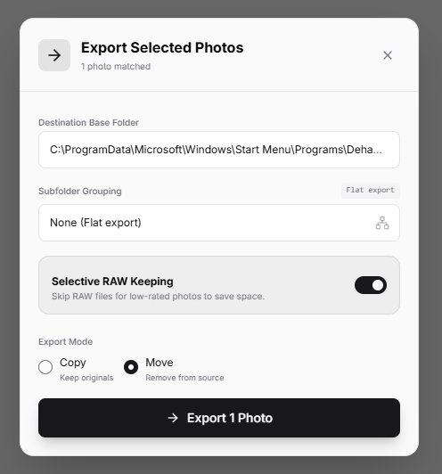 The export dialog displaying format settings for RAW+JPG pairs